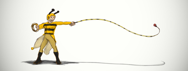 Dibujo de personaje con ropa amarilla y un látigo, el Rey Abejo